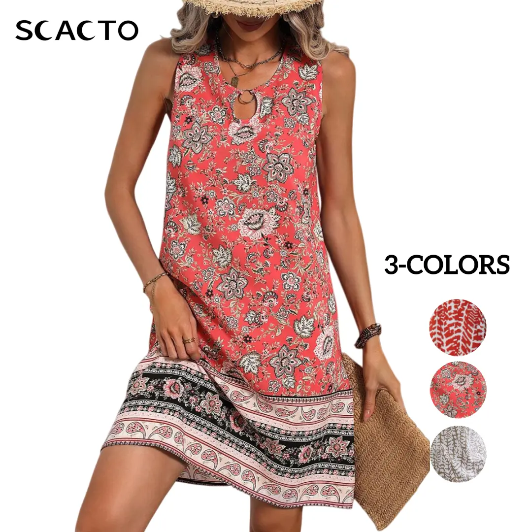 Scacto Women's Boho Style Vintage Print Sleeveless Dress, Round Neck Short Polyester Summer Beach Casual Outfit, Boho Style Outfit, Beach Print Casual Dresses, One Piece, Alternative Design Casual Dresses