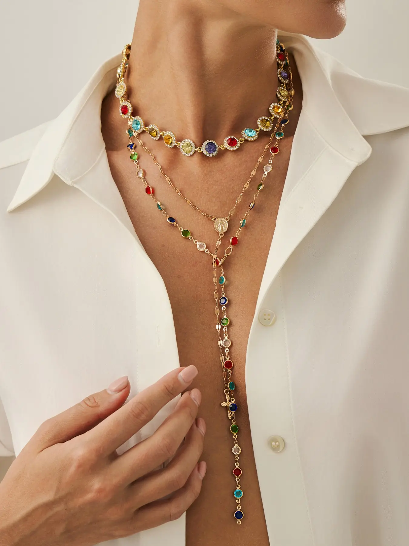 Spring Summer Boho Style Multi-Layer Necklace Set, Vintage Cross Pendant & Rainbow Beads, Holiday Atmosphere Accessory, Layered Necklaces, Costume Jewelry Necklace, Alloy Necklace
