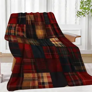 Red Patchwork Plaid Thickened Flannel Fleece Blanket - Soft Comfy, Lightweight, Breathable, Elastic, Multifunctional, Machine Washable Throw Blanket for Sofa, Bed, Fall Bedroom Decor, Lightweight Throw Blanket, Machine Washable Blanket