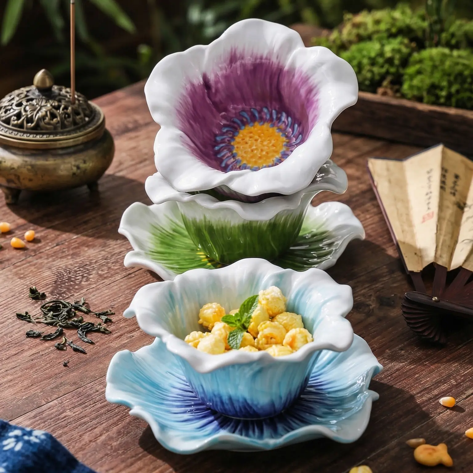 HongDian Flower Shaped Ceramic Bowl Plate Series,Optional 220ml 7 oz Bowl and Matching Dessert Plate,Blue Green Pink Available,Painted Floral Detail,Premium Ceramic,Underglaze Non Fading,Oven Microwave Dishwasher Sterilizer Safe,For Fruit,Dessert,Snack, F