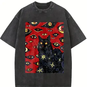 1pc Men'S Heavyweight 180G Vintage Washed T-Shirt - Cat And Red Eyes Graphic Print, Gothic Streetwear Style, All-Season Round Neck Casual Tee for Men, Durable Wax Print Fabric, Ideal Holiday Gift for Cat Lovers