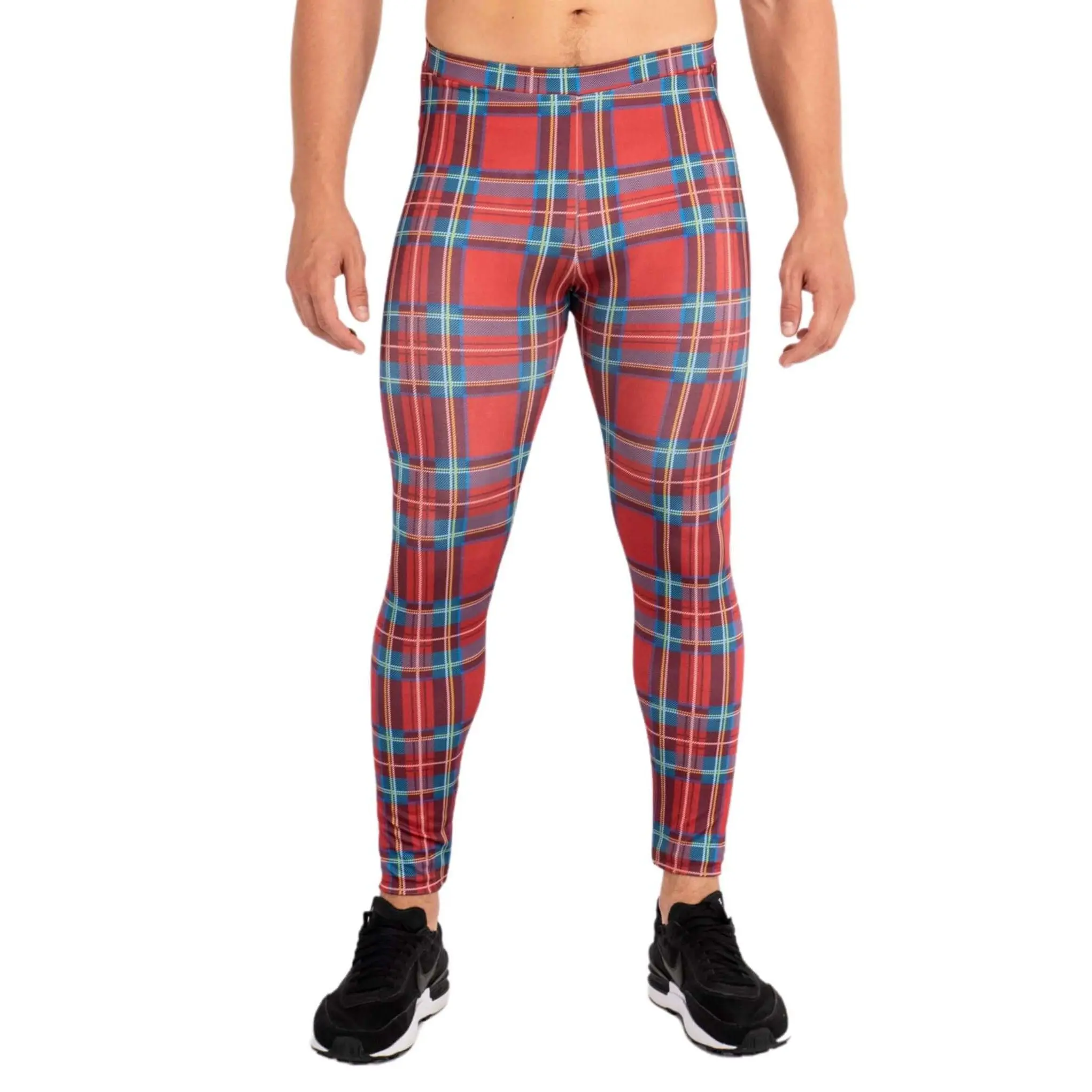 Kapow Meggings Groundskeeper Willie Red Tartan Print Men’s Leggings Breathable 4-Way Stretch for Gym, Yoga, Festival & Workout Activewear Tight Fitting Pants
