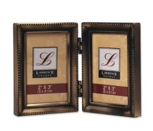 212 MAIN Traditional 2x3 Photo Frame - Antique Gold Brass Steel Hinged Double Frame with Beaded Edges, Baby & Maternity Decor for Baby Display