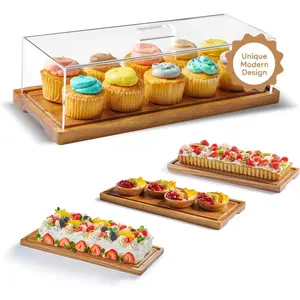 Cake Display with Lid – Acacia Wood Dessert Stand & Wooden Charcuterie Board with Lid for Loaf Cakes, Bread, Pastries, Cheese, Large Rectangle Wood Tray Platter & Acrylic Cover, 15 x 6.25”
