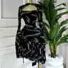 QFAF Women's Long-Sleeve Printed Floral Ruched Midi Dress, Elegant Cutout Front A-line Dress with Irregular Hem, Elastic Party Dress for Autumn Evening, Birthday & Vacation Elegance