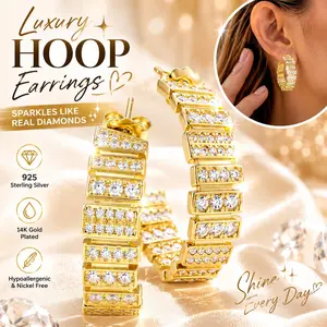 14K Gold Plated Geometric Step Hoop Earrings for Women, 925 Sterling Silver CZ Hoops, Hypoallergenic Lightweight Statement Earrings with Pave Cubic Zirconia for Everyday Wear, Work, Party, Vacation & Gift for Sensitive Ears