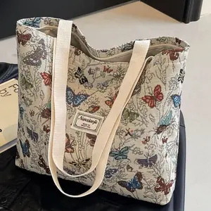 Fashionable  Butterfly Print Handbag with Zipper Canvas Bag  Casual Style Women's Accessories，For Shopping, Travel, Vacation Use