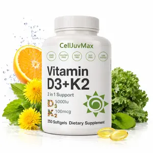 A 2-in-1 Vitamin D3 and K2 (MK-7) blend in 250 vegetarian softgels, formulated to support strong bones, cardiovascular function, healthy teeth, and immune defense—featuring 5000 IU D3 and 100 mcg K2.
