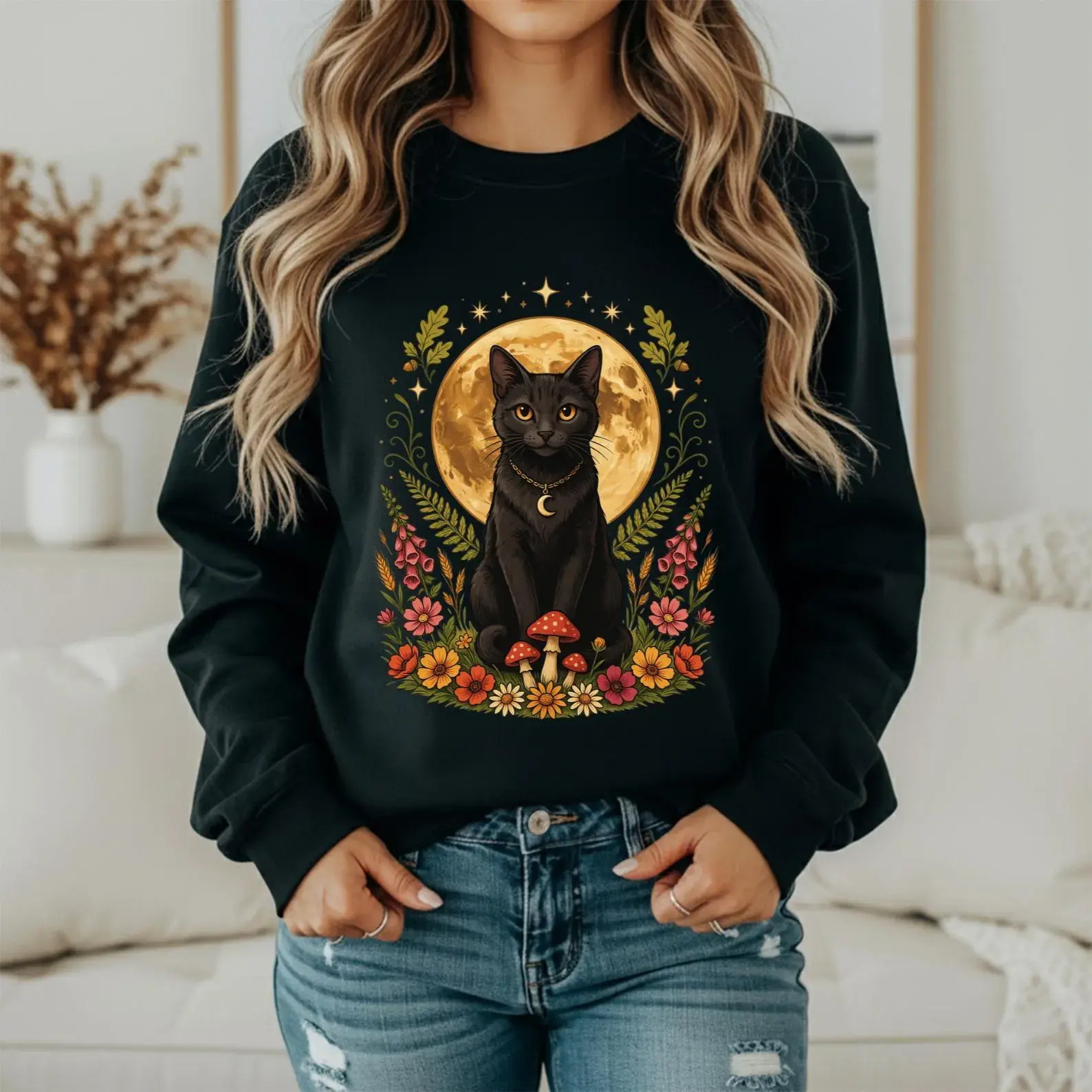 Black Cat Halloween Sweatshirt, Cute Spooky Cat Hoodie, Moon Cat Crewneck, Cat Lover Gift, Fall Sweatshirt