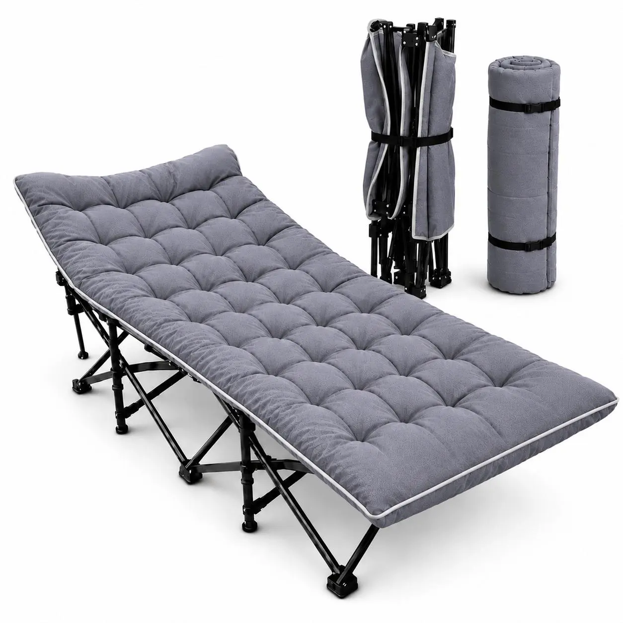 Plus-Size Comfy Chaise Lounge Folding Camping Cot with Removable Mattress Pad, Heavy-Duty Portable Bed for Camping, Guest Room, Small Spaces Indoor Furniture Chair