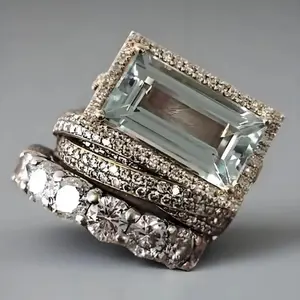 Three-piece ring set, personalized & fresh style, fashionable & luxurious, creative large rectangular women's ring.