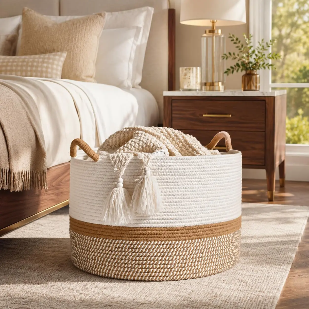 Large Cotton Rope Woven Storage Basket with Handles, Extra Large Capacity Blanket Basket for Living Room, Laundry Hamper, Stuffed Animal Toy Storage Bin