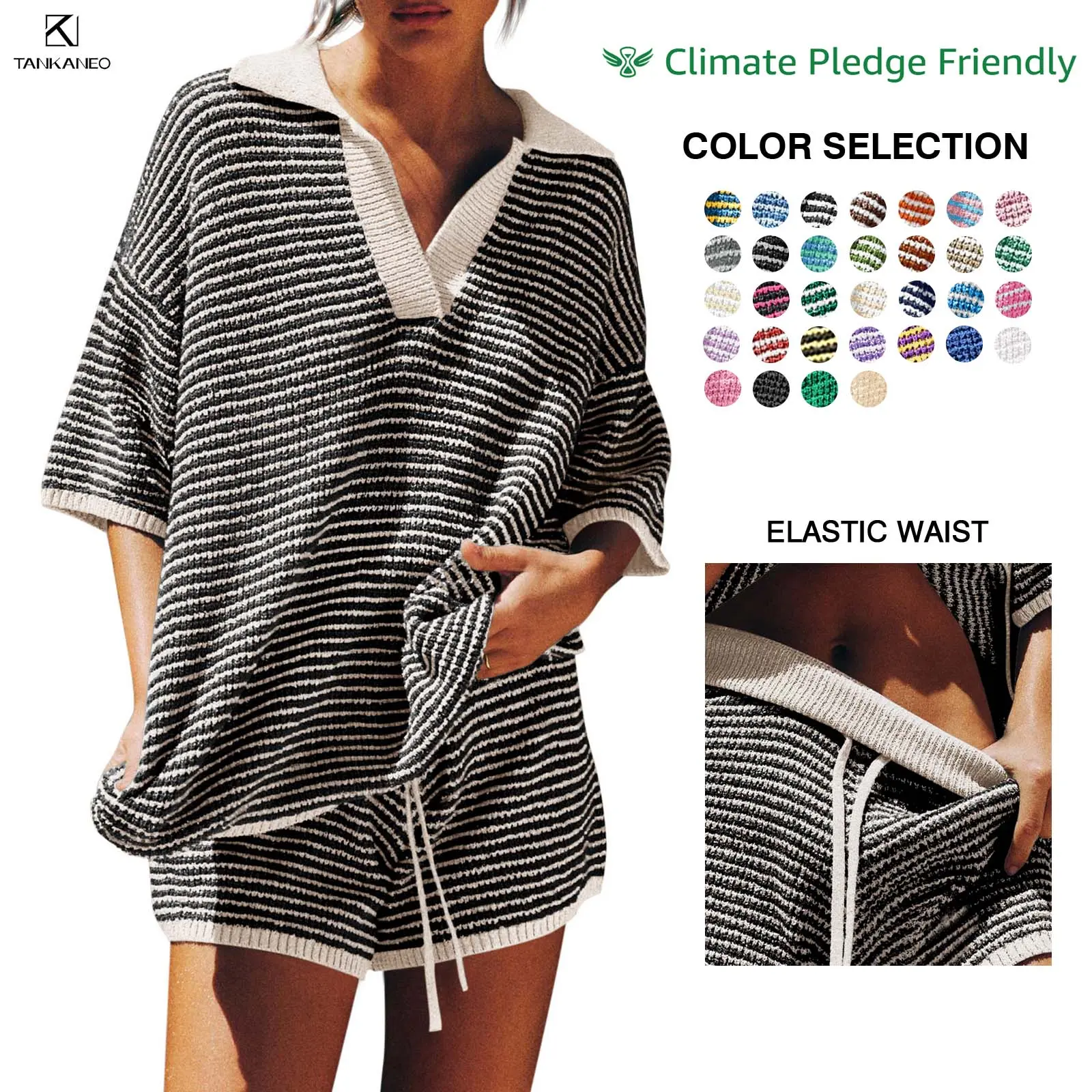 Tankaneo Womens Sweater Set 2 Piece Outfits Oversized 3/4 Sleeve V Neck Knit Tops High Waisted Shorts Lounge Sets