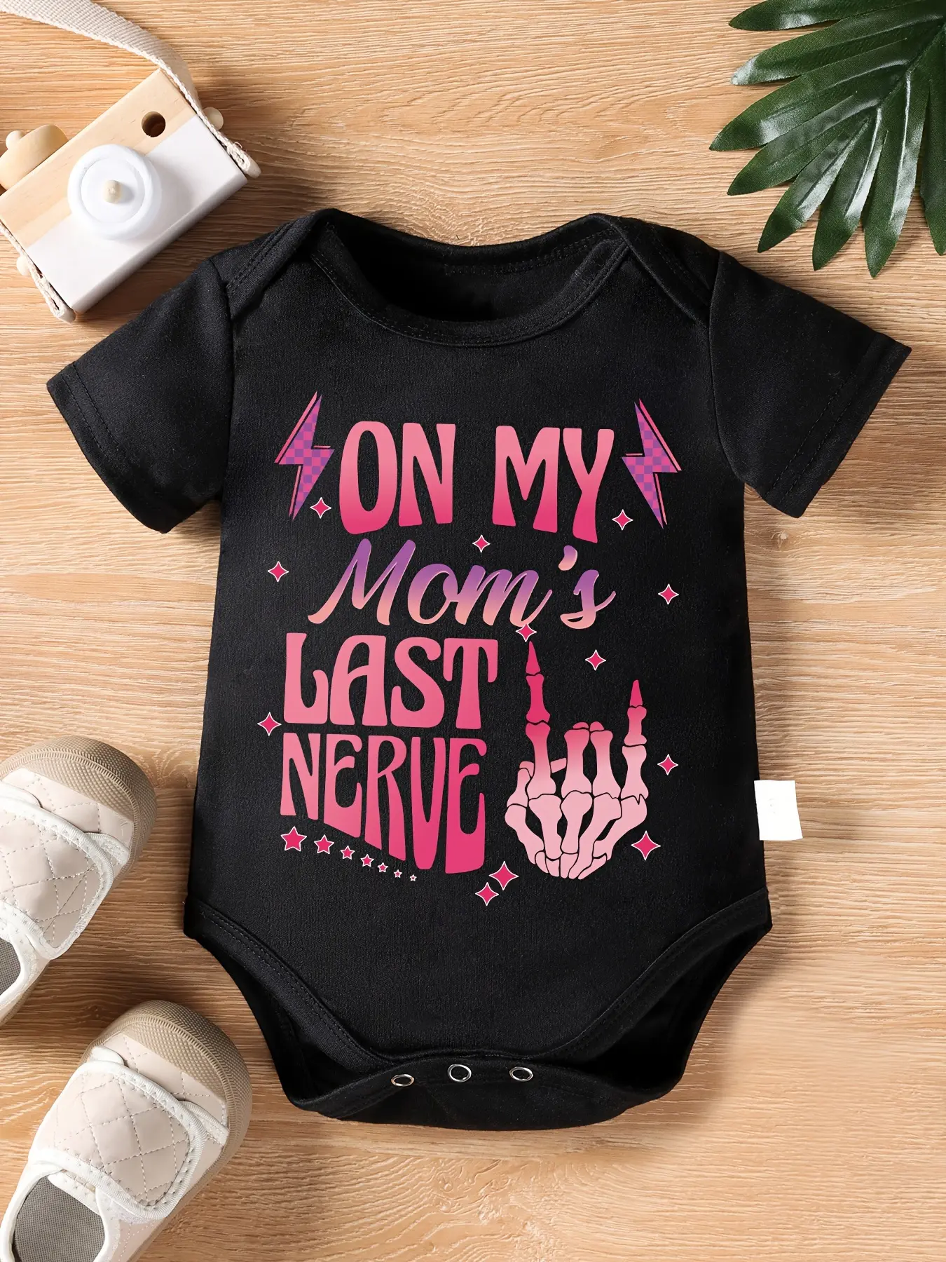 On My Mom's Last Nerve Short‑Sleeve Baby Bodysuit, Skeleton Hand Lightning Star Graphic Soft Cotton Infant Onesie