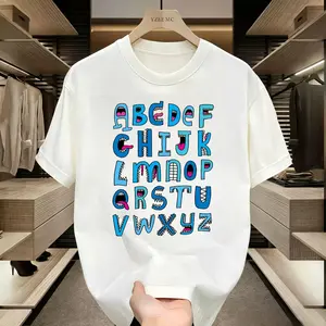 Funny Monster Alphabet T-Shirt, Blue Cartoon ABC Monster Graphic Tee, Casual Cotton Shirt