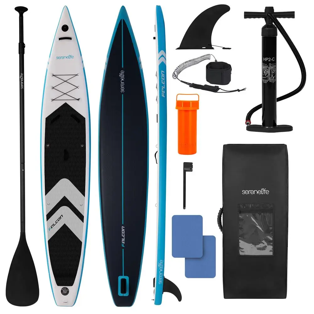 14' Inflatable Stand Up Paddleboard, Blue Racing Style SUP with Woven Drop-Stitch & Non-Slip EVA Deck for Adults & Teens, Lightweight Multi Purpose Complete Kit with Paddle, Pump & Backpack, Multi Purpose Inflatable, Quickset Inflatable