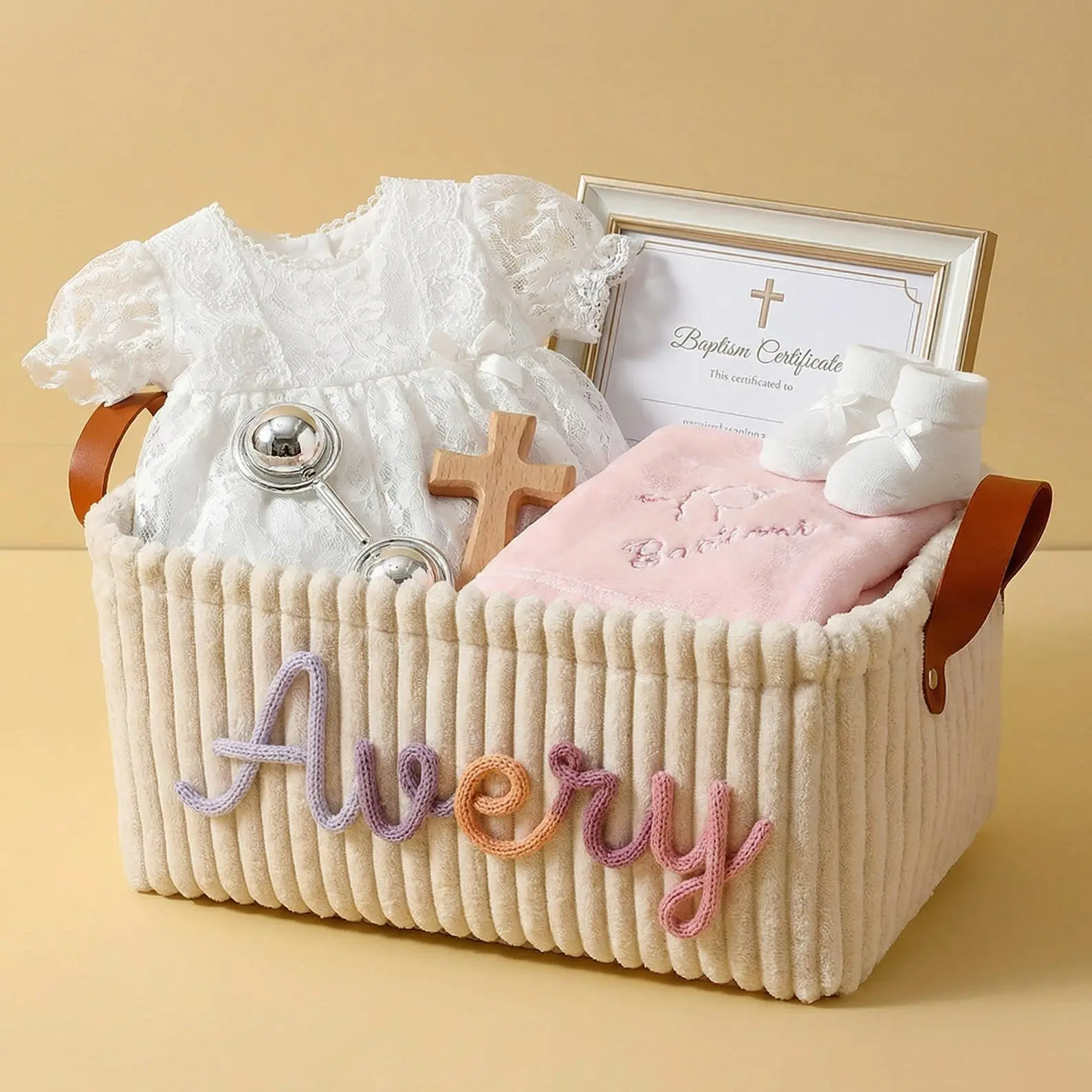 Personalized Embroidery Baby Storage Basket - Custom Embroidered Name Toy Box - Baby Shower Gift Knitted Wire Art