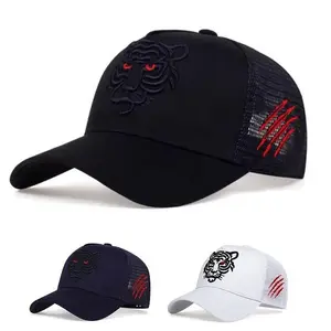 Tiger Head Embroidered Baseball Cap for Men | Breathable Mesh Back Trucker Hat with Red Claw Mark Accents - Adjustable Snapback, Trendy Streetwear Style, Perfect for Year Of The Tiger & Casual Daily Looks