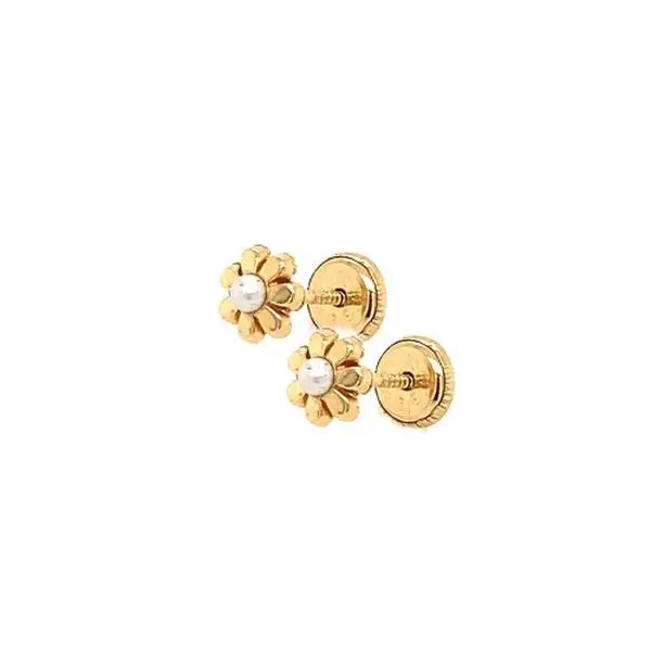 Tiny 18K Gold Daisy Pearl Earrings for Infant and Baby with Screw on Backs