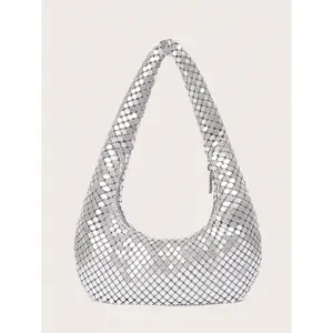 Women's Fashion Metallic Underarm Bag, Shiny Clutch Bag For Party, Nightclub, Banquet, Diamond Aluminum Foil Handbag, Evening Bag
