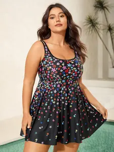 Plus Size Floral Print Swim Dress, 2-Piece Polyester Blend Bodycon Bathing Suit - Floral Print Swimsuits for Sports & Outdoor Use, Spring Break Pick [M-6X] 2026 Summer Selection 2026 Summer Vibes Swimweek