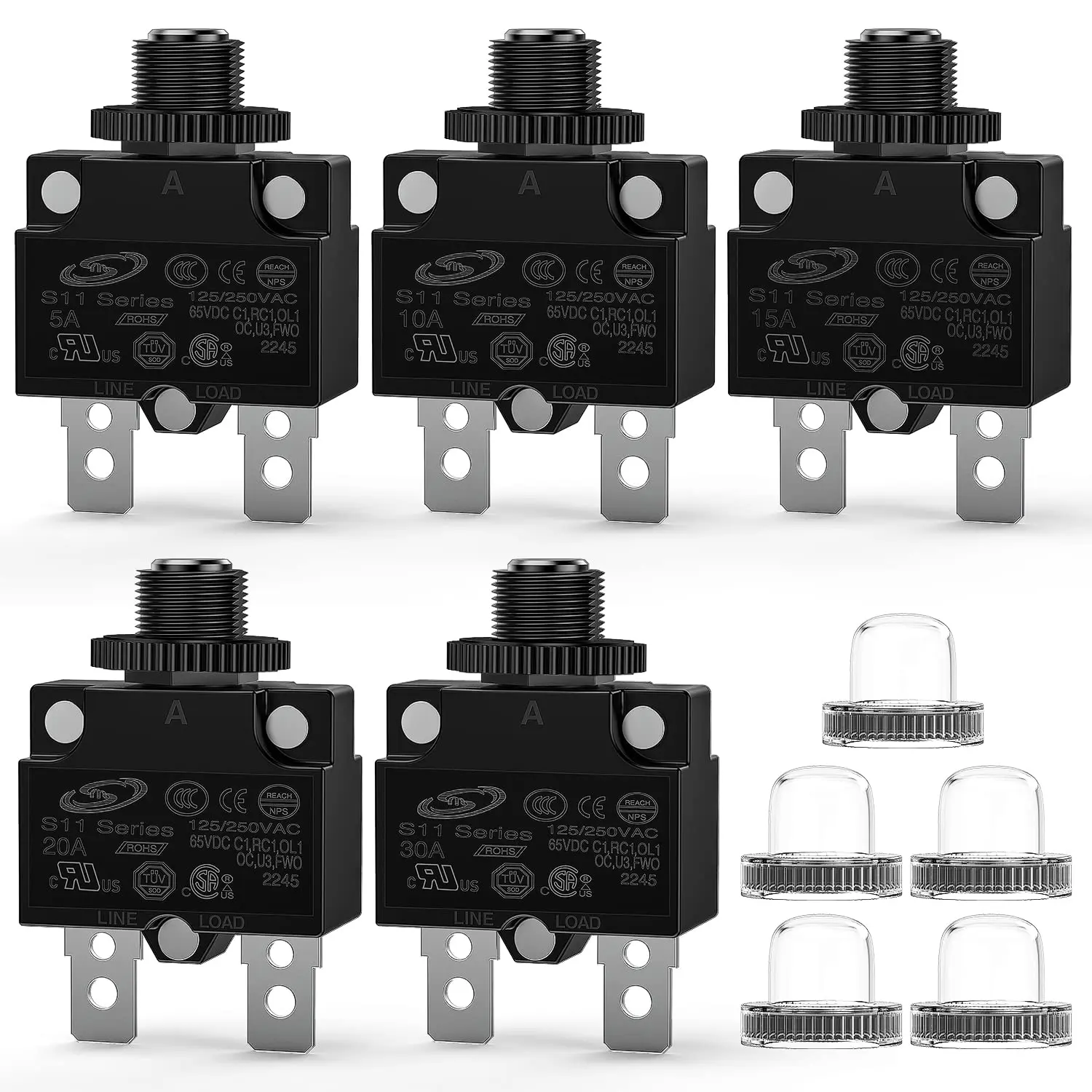 Nilight 5PCS Thermal Circuit Breakers - Multiple Amps (5A/10A/15A/20A/30A), 125/250V AC, 65V DC, Push Button Manual Reset, 5 Waterproof Caps, 5 x Hex Nut, for Household Appliances, Transportation, Commercial Appliances