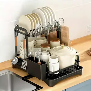 2-Tier Drying Dish Cup Rack Versatile counter Sink Caddy Organizer,Space-Saving Compact Storage for Kitchen Countertop Cabinet,Large Capacity Steel Rustproof  Drainer with Drainboard,Utensil  Holder knife slot,Space Saving No Rust,perfect size great value