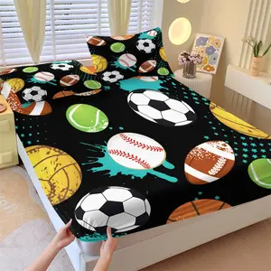 Sport Graffiti Theme Fitted Sheet Set & 2 Pillowcases No Core, Black Base with Football Basketball Baseball Rugby Tennis Patterns, Soft Non-Slip Wrinkle Resistant, Street Sport Style Bedroom Deocr, Gift Choice