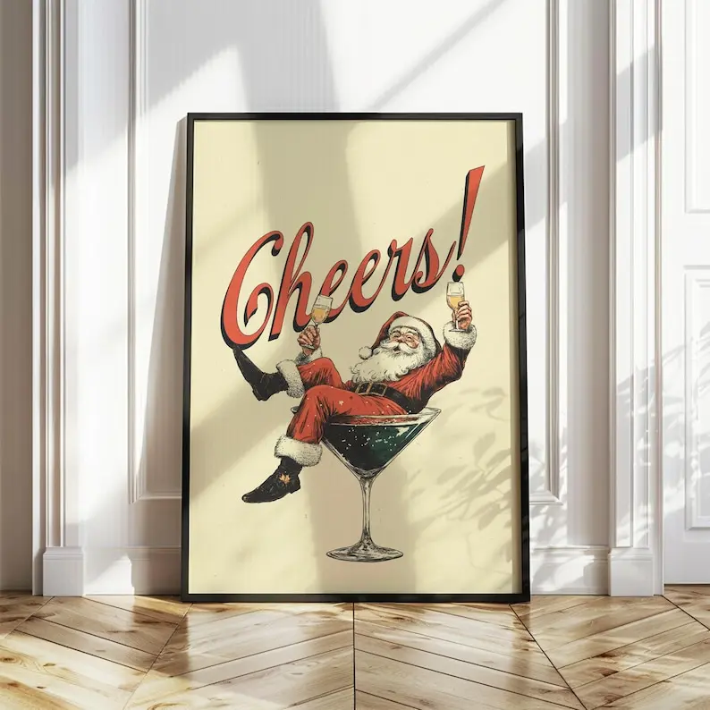 Santa Cheers Print, Vintage Christmas Prints, Digital Holiday Prints, Christmas Bar Poster, Christmas Wall Art, Bar Cart Print, Trendy Print Poster Unframed, Wall Art Decor