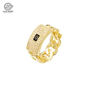 LuLuEcho Waterproof Iced Out Cuban Ring | 14K Gold Plated CZ Band | Hypoallergenic Streetwear Hip Hop Jewelry