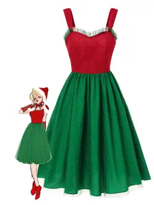 Red & Green 1950s Christmas Polka Dots Dress Sleeveless Cute Summer Formal Womenswear Party Knee Length Zipper Workwear Polyester