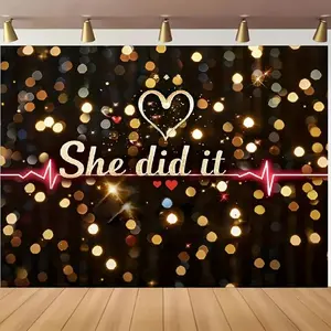 1pc 2D Flat Black & Golden Nurse Graduation Banner - Polyester "She Did It" Backdrop with Heart Print, Sparkle Effect for Medical School Party Decor, Birthday Photography Background