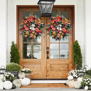 Autumn Pumpkin Wreath for Front Door, Farmhouse Fall Decor with Maple Leaves Roses Pumpkins Berries, Thanksgiving Indoor Hallway Decoration