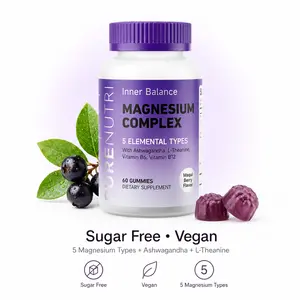 PURENUTRI Sugar-Free Magnesium Complex Vitamin Gummies - 60 Ct Vegan Berry Flavored Chewables with Ashwagandha, 5 Magnesium Types, L-Theanine, B6, B12, Non-GMO Multi-Ingredient Mineral Supplements for Calm & Sleep Support, Non-Gmo Mineral Supplements