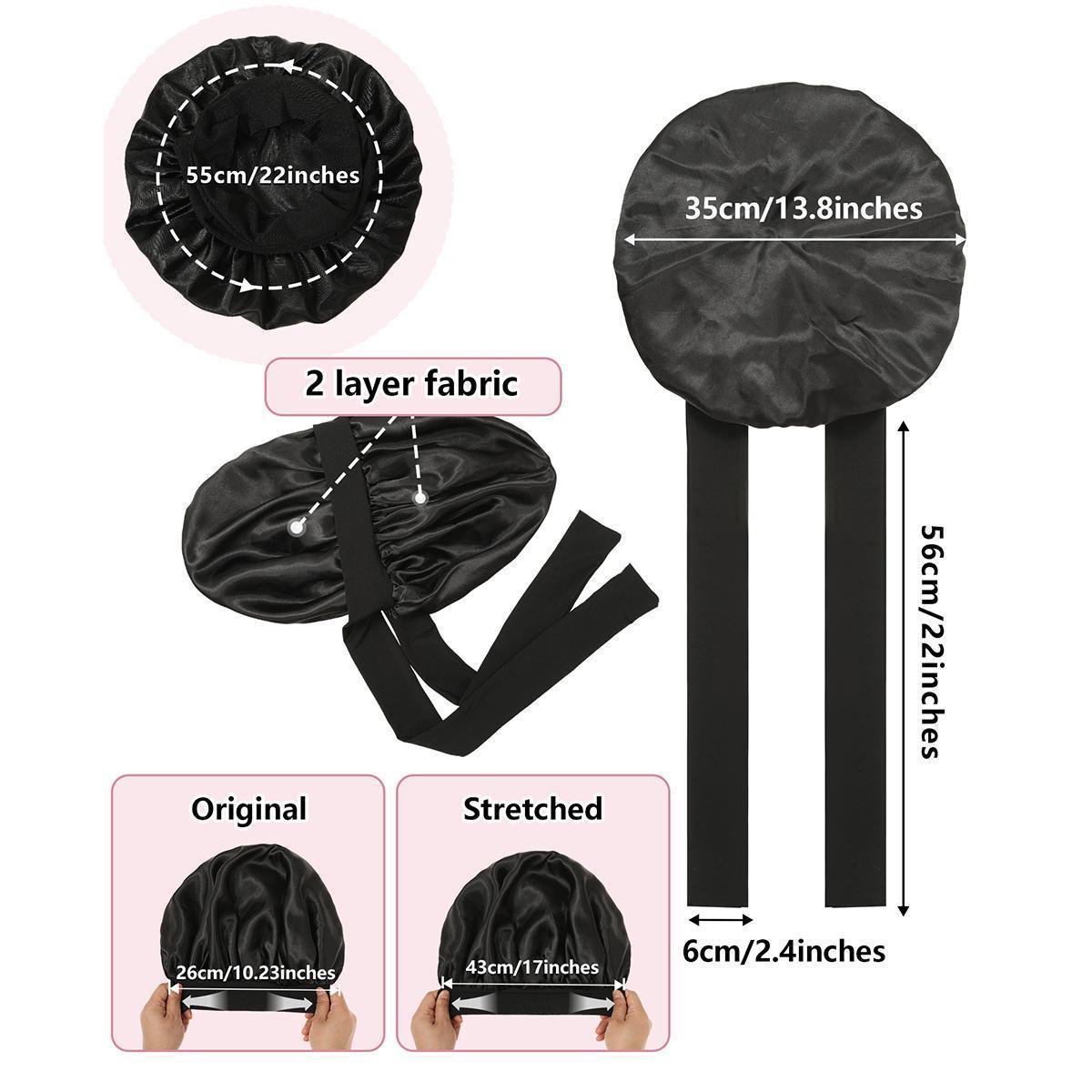 AWAYTR Women Silk Like Satin Bonnets Solid Color Nightcap for Sleep Women Black Sleeping Hair Care Bonnets Elastic Cap with Tie Band