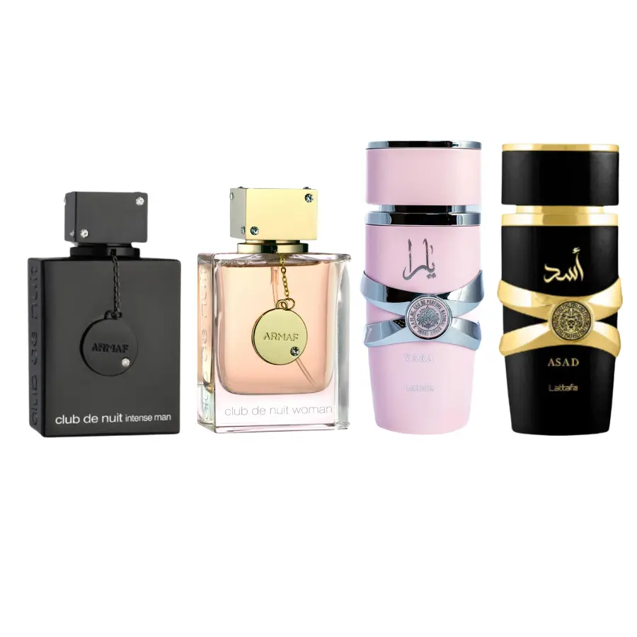 Sterling Parfums ARMAF CDN INTENSE & WOMEN 3.4FL.OZ & LATTAFA YARA & ASAD 3.4FL.OZ Holiday Combo Set Musk Vanilla Lavender Rose Spicy Perfume Set