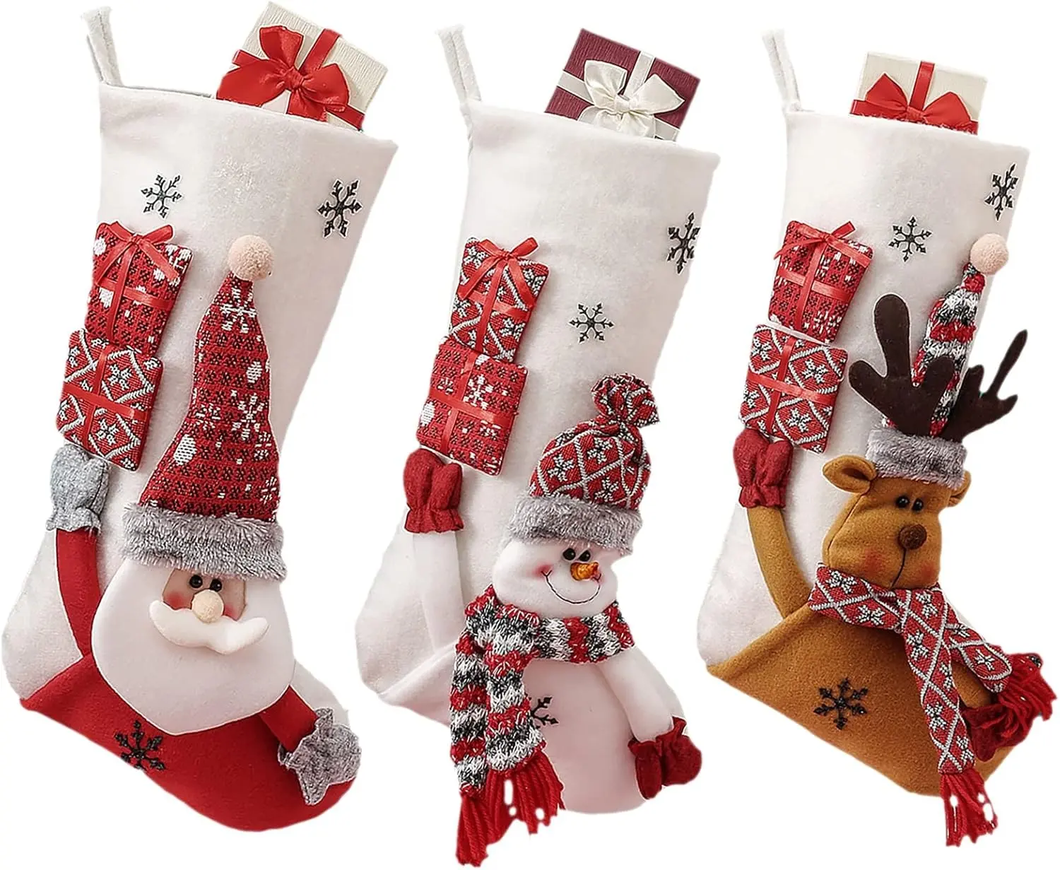 19-Inch Large Velvet Christmas Stockings Pack of 3, Santa, Snowman & Reindeer Fireplace Hanging Stockings, Plush Velvet Christmas Stockings, Plush Christmas Stocking with 3D Figurines & Snowflake