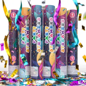 No Mess Streamer Confetti Cannon Party Poppers | 6 Pack | Multicolor Streamers | Glitter Bomb Confetti Shooters | Decoration for Birthday, Wedding | Launches 25 ft | 12 inch |