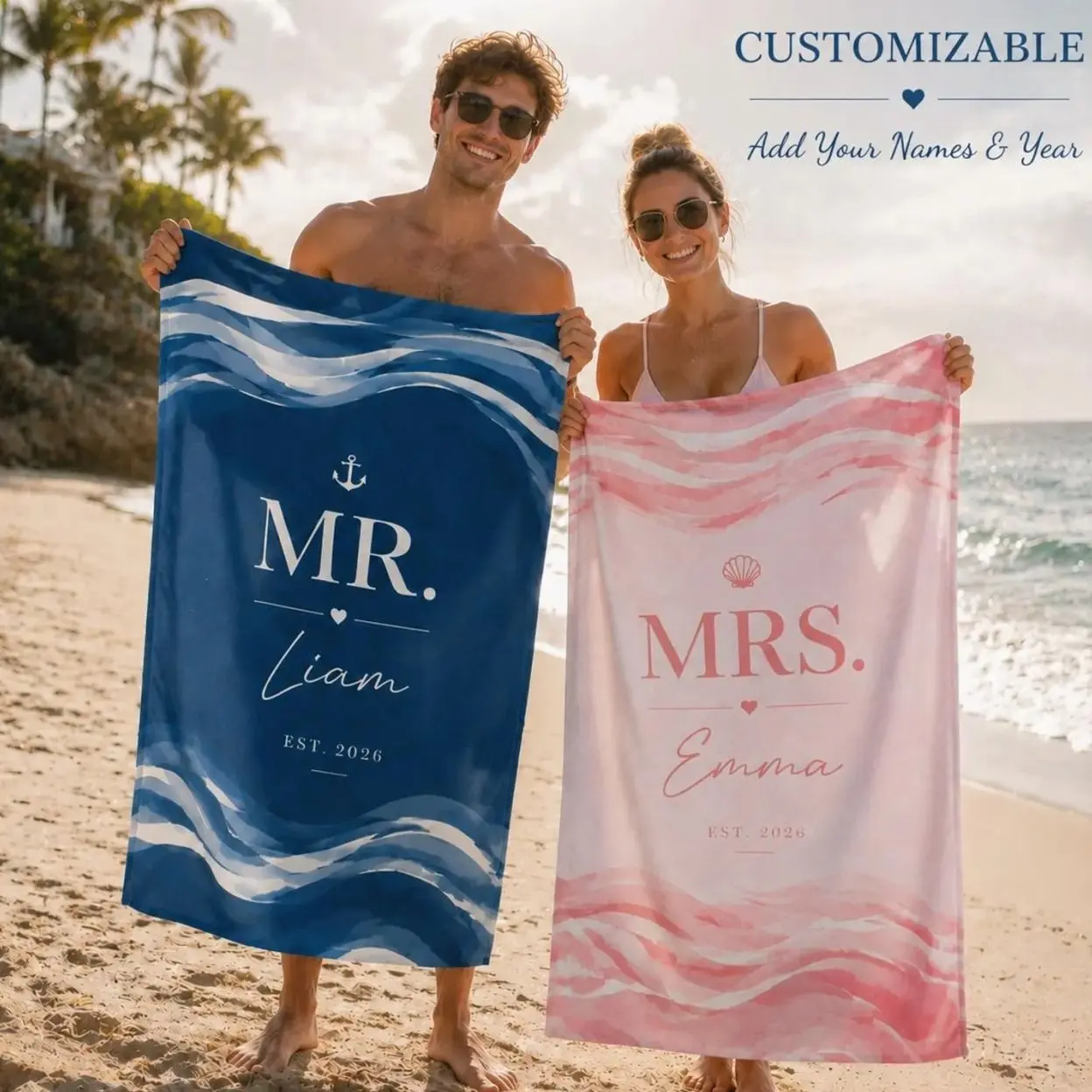 Set 2 pcs Personalized Mr and Mrs Beach Towels, Custom Couple Towels Set, Wedding Gift for Newlyweds, Honeymoon Beach Towel