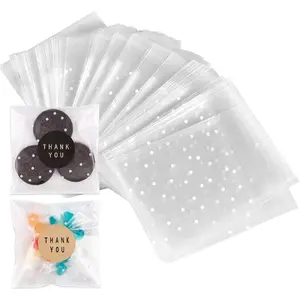 200PACK Self Sealing Cellophane Bags Clear Cookie Bags for  Giving  bag for Packaging Cookies, Candy, Gifts (White Polka Dot, 4x4Inches)