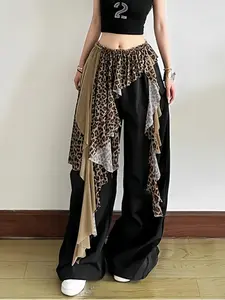 Women's Leopard Lace Patchwork Boho Fashion Skirt, Irregular Hem Asymmetrical Design, High Waist Fashionable Dress, Perfect for Casual & Party Wear, Womenswear, Bottom, Leopard Print Skirt, Street Fashion Skirt