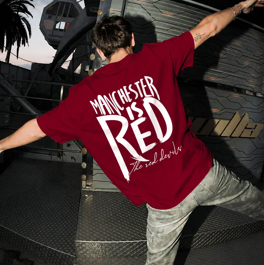 Manchester Is Red Vintage Football Graphic T-Shirt - Retro Soccer Fan Short Sleeve Tee, Oversized Streetwear Casual Cotton Shirt