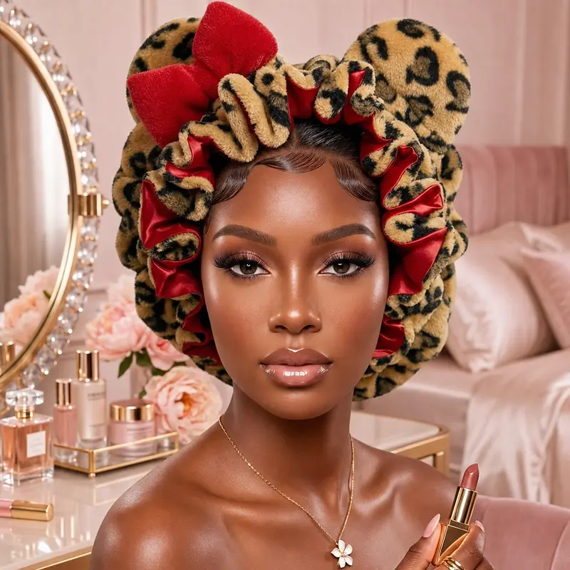 Ladies' high quality Leopard satin plush nightcap-double curly night cap, sports headgear, with comfortable elastic band and animal ears Adjustable Haircare Red Heatless