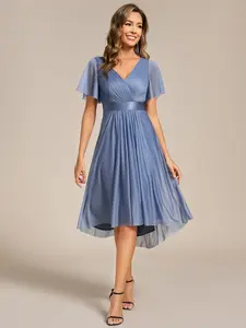 Ever-Pretty Short Sleeve V-Neck Pleated Glitter Midi Wedding Guest Dress Comfort Womenswear 2159