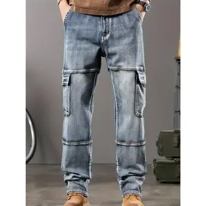 Men's Distressed Washed Denim Cargo Pants - Heavy-Duty Multi-Pocket Work Pants with Belt Loop, Relaxed Straight Leg & Stretch Fit | Vintage Blue Jeans for Streetwear
