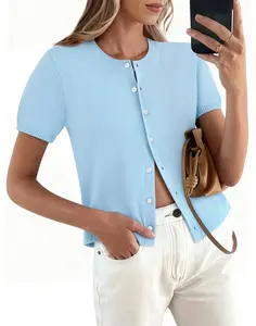 COCCKO Short Sleeve Cardigans for Women 2026 Button Down Lightweight Sweater Tops Basic Crew Neck Cropped Cardigan