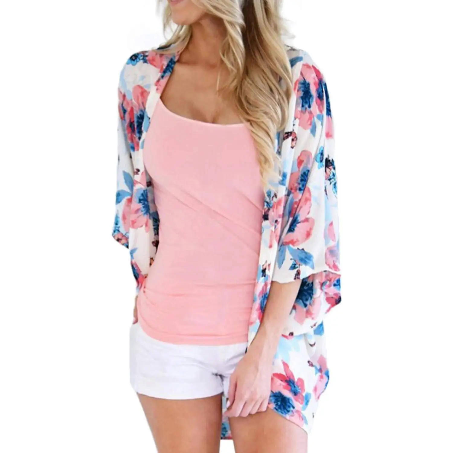 Women's Floral Chiffon Kimono Cardigan - Loose Half-Sleeve Thin Maternity Top, Casual Cover Up, Cover Up Beachwear, Chiffon Material, Hand Wash Only, Women's Clothes, Maternity Wear, Floral Pattern