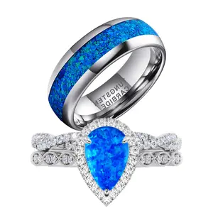 Couple Rings White Gold Plated 925 Sterling Silver Ring 1CT Pear Opal Women Wedding Ring Sets Men Wedding Band