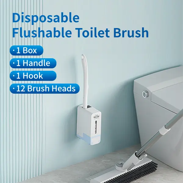 Casabella Disposable and Flusheable Toilet Brush Wand Cleaning System, Powerful Stain & Odor Removal, Flushable & Non-Clogging, Includes 1 Handle, 1 Storage Caddy, 1 Hook, 12 Refill Heads with Fresh Scent