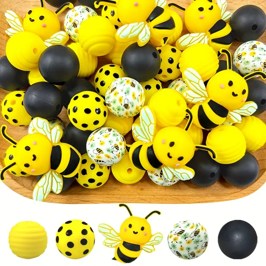 50pcs Soft Silicone 3D Bee-Shaped Beads (15mm x 0.59in) with Honeycomb Pattern - Jewelry Making Supplies for DIY Charms, Smooth Crafting Experience, Perfect Gift for Necklaces & Keychains